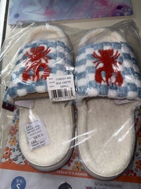 Muk Luks Blue & White Striped Slippers with Red Lobster Accent